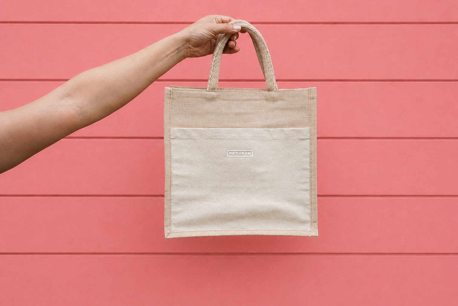 Pot + Pan Medium Reusable Woven Jute Tote Bag with Pocket